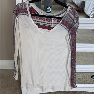 Free people white waffle shirt w/ pink/grey detail